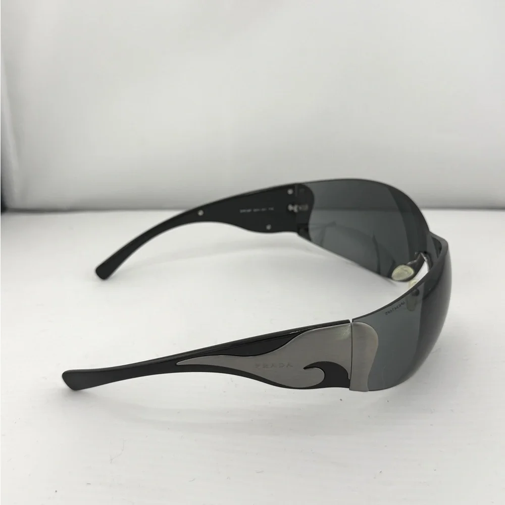 Prada Black Spr51g Shield Sunglasses with Silver Swirl Detail - Picture 13 of 13